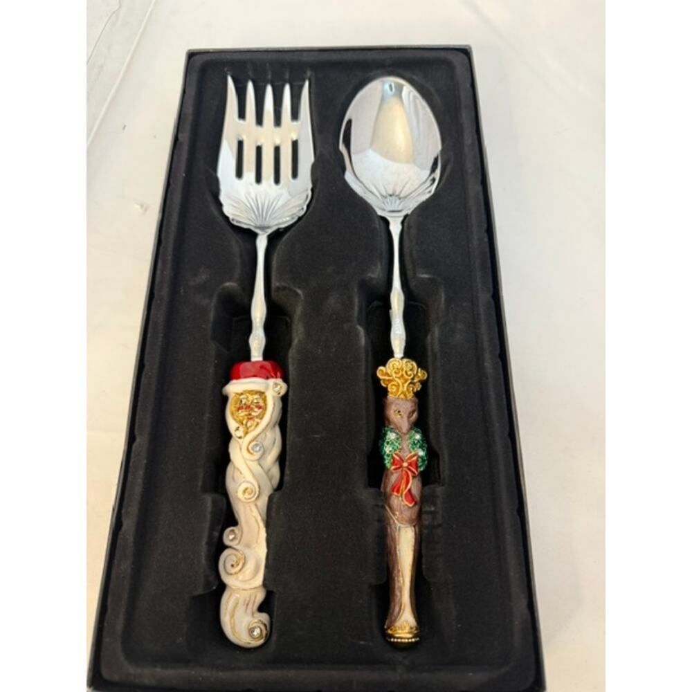 2 Saints Christmas Serving Fork Spoon Set Santa Reindeer 11.5" NIB Stainless